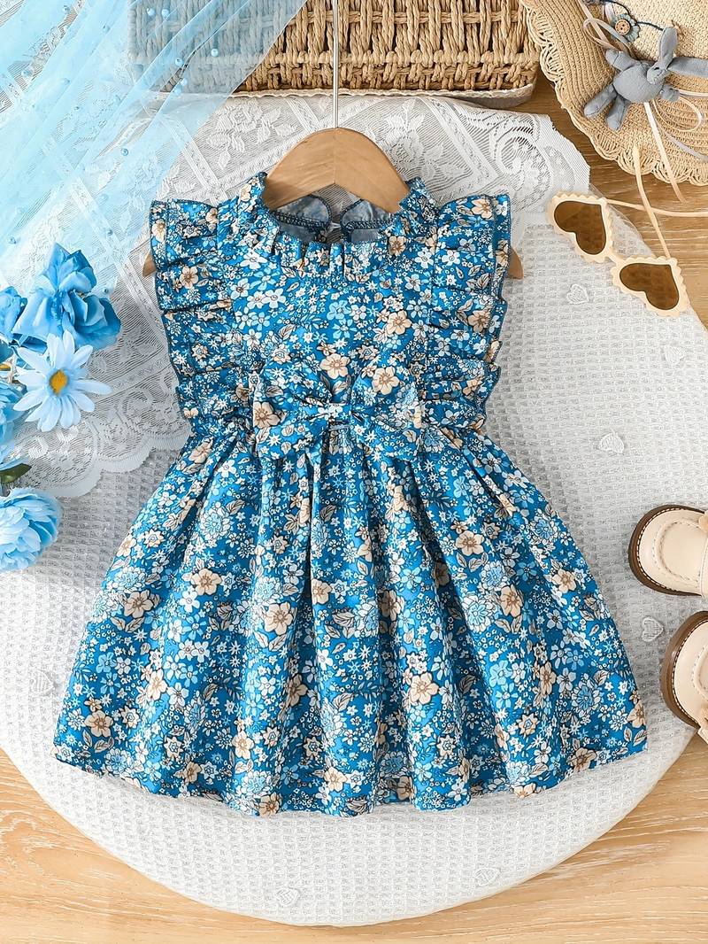 Blue floral print cotton ruffle sleeve fit & flare kids dress