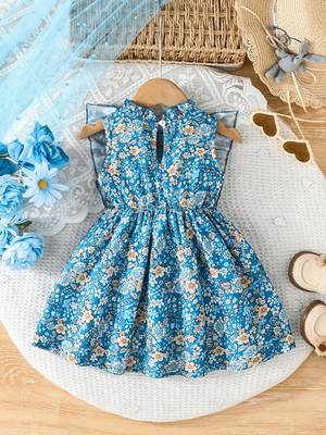 Blue floral print cotton ruffle sleeve fit & flare kids dress 2