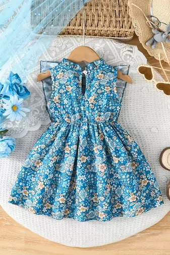 Blue floral print cotton ruffle sleeve fit & flare kids dress