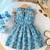 Blue floral print cotton ruffle sleeve fit & flare kids dress