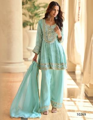 Light blue crepe silk sharara suits free size stitched upto 42 1