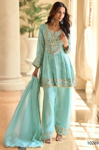 Light blue crepe silk sharara suits free size stitched upto 42