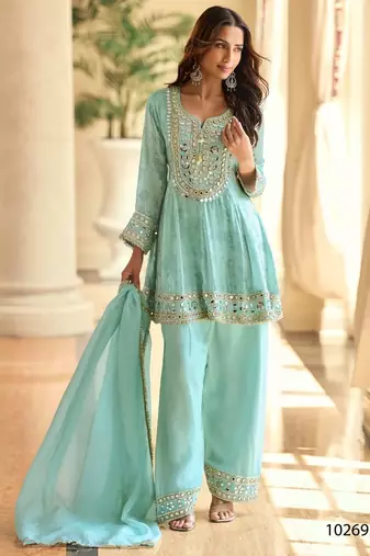 Light blue crepe silk sharara suits free size stitched upto 42