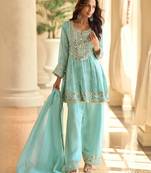 Light blue crepe silk sharara suits free size stitched upto 42