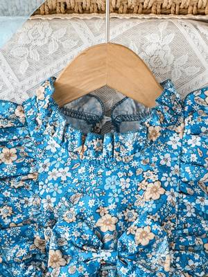 Blue floral print cotton ruffle sleeve fit & flare kids dress 3