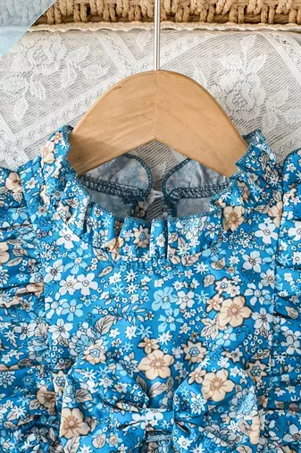 Blue floral print cotton ruffle sleeve fit & flare kids dress