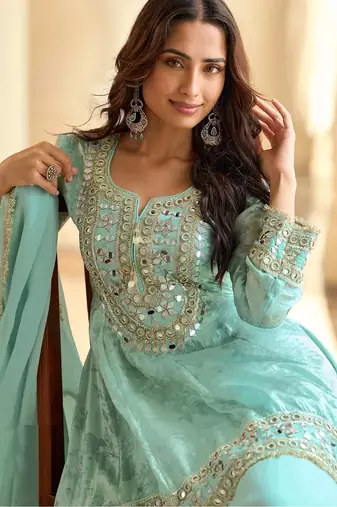 Light blue crepe silk sharara suits free size stitched upto 42