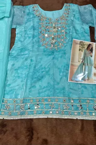 Light blue crepe silk sharara suits free size stitched upto 42