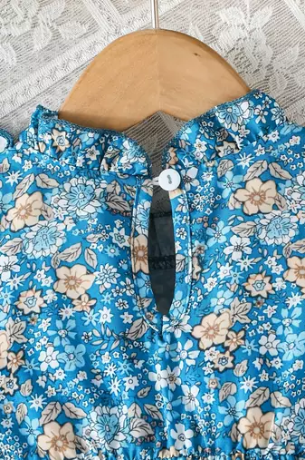 Blue floral print cotton ruffle sleeve fit & flare kids dress