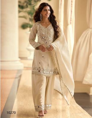 Ivory chinon silk full stitched free size palazzo suits upto 42 1