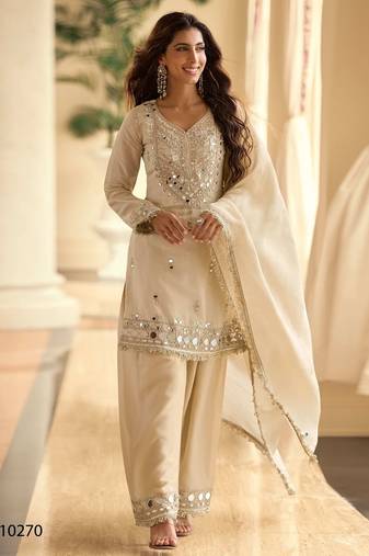 Ivory chinon silk full stitched free size palazzo suits upto 42