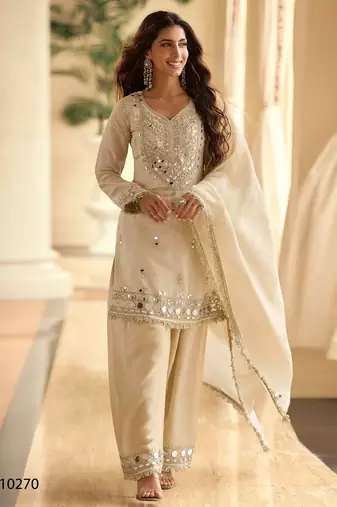 Ivory chinon silk full stitched free size palazzo suits upto 42