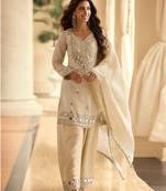 Ivory chinon silk full stitched free size palazzo suits upto 42