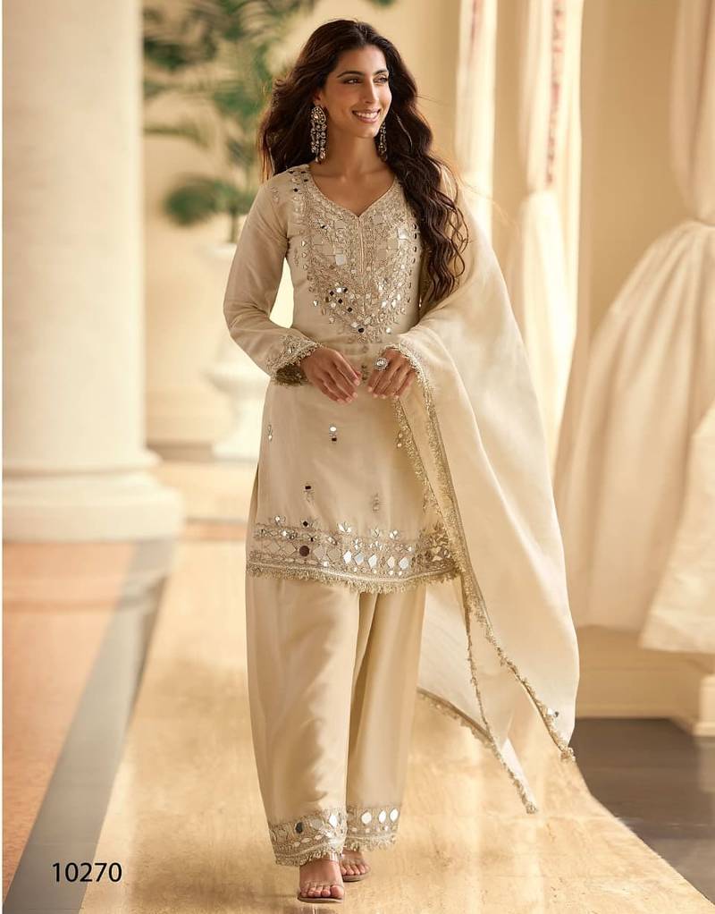 Ivory chinon silk full stitched free size palazzo suits upto 42