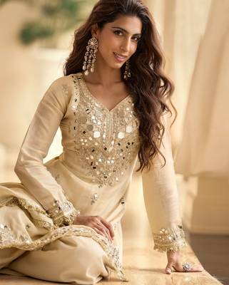 Ivory chinon silk full stitched free size palazzo suits upto 42 2