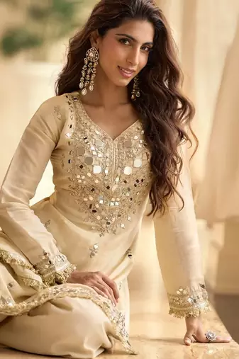 Ivory chinon silk full stitched free size palazzo suits upto 42