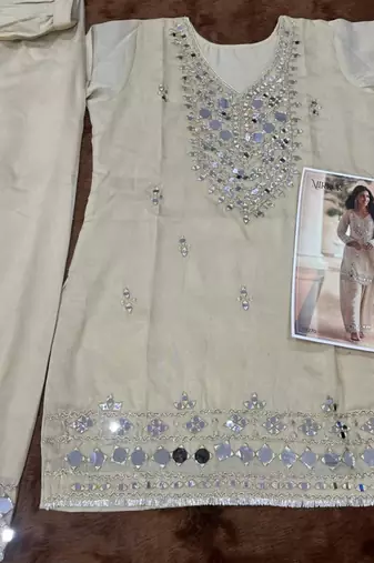 Ivory chinon silk full stitched free size palazzo suits upto 42