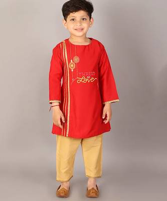 Red embroidered cotton silk Boy's Kurta Pyjama 1