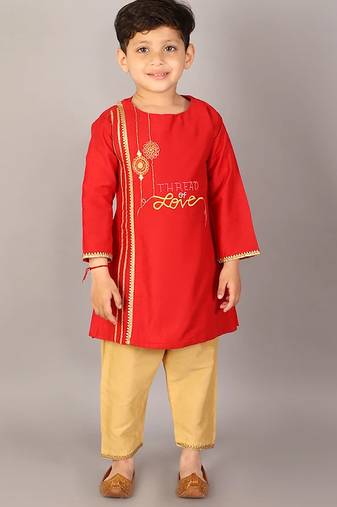 Red embroidered cotton silk kurta pyjama