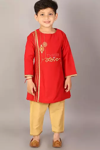 Red embroidered cotton silk Boy's Kurta Pyjama