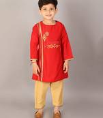 Red embroidered cotton silk Boy's Kurta Pyjama