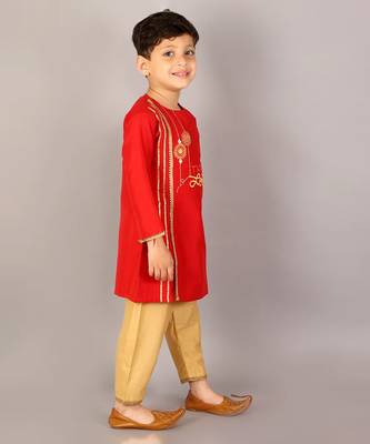 Red embroidered cotton silk Boy's Kurta Pyjama 5
