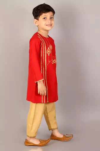 Red embroidered cotton silk Boy's Kurta Pyjama