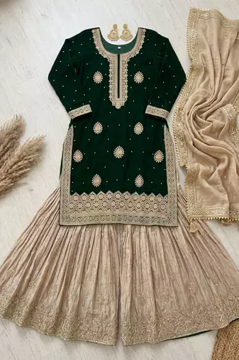 Green & beige designer sharara suit