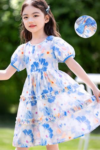 Sky blue floral print organza layered ruffle kids dress