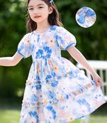 Sky blue floral print organza layered ruffle kids dress