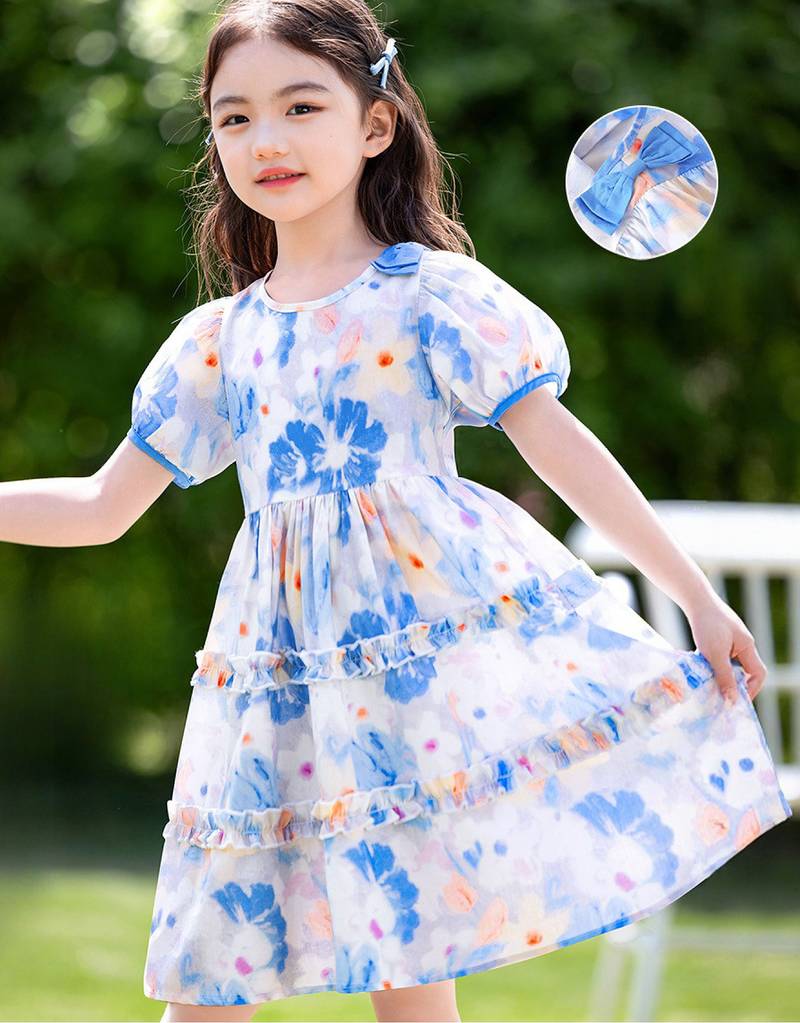 Sky blue floral print organza layered ruffle kids dress