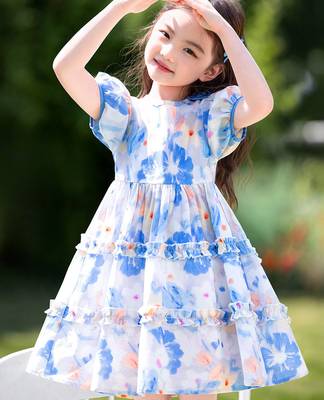 Sky blue floral print organza layered ruffle kids dress 2