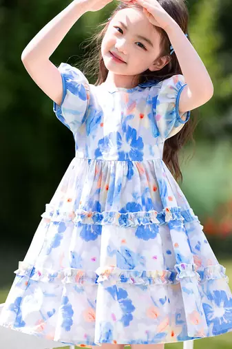 Sky blue floral print organza layered ruffle kids dress