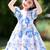Sky blue floral print organza layered ruffle kids dress
