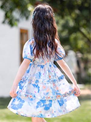 Sky blue floral print organza layered ruffle kids dress 3