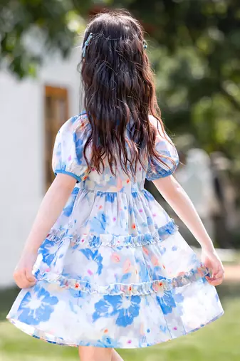Sky blue floral print organza layered ruffle kids dress