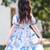 Sky blue floral print organza layered ruffle kids dress
