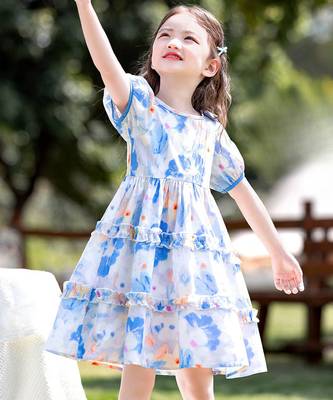 Sky blue floral print organza layered ruffle kids dress 4