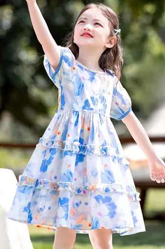 Sky blue floral print organza layered ruffle kids dress