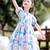 Sky blue floral print organza layered ruffle kids dress