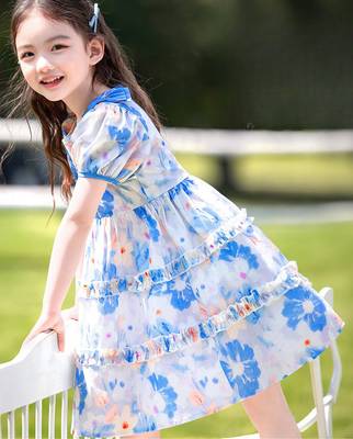 Sky blue floral print organza layered ruffle kids dress 5
