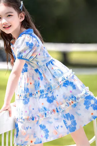 Sky blue floral print organza layered ruffle kids dress