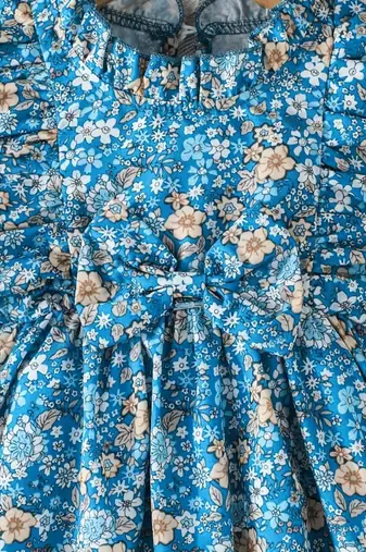 Blue floral print cotton ruffle sleeve fit & flare kids dress