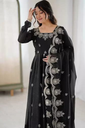 Black Color Embroidery Sequence Work Crunchy Silk Gown Set