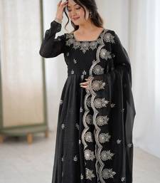 Black Color Embroidery Sequence Work Crunchy Silk Gown Set