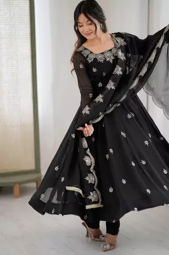 Black Color Embroidery Sequence Work Crunchy Silk Gown Set