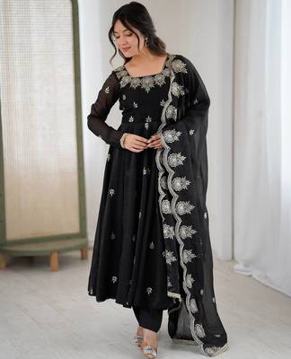 Black Color Embroidery Sequence Work Crunchy Silk Gown Set 1