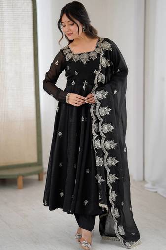Black Color Embroidery Sequence Work Crunchy Silk Gown Set