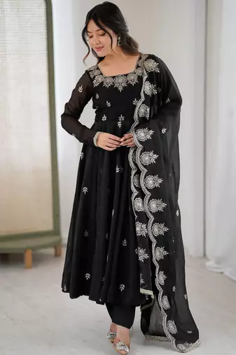 Black Color Embroidery Sequence Work Crunchy Silk Gown Set