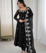 Black Color Embroidery Sequence Work Crunchy Silk Gown Set